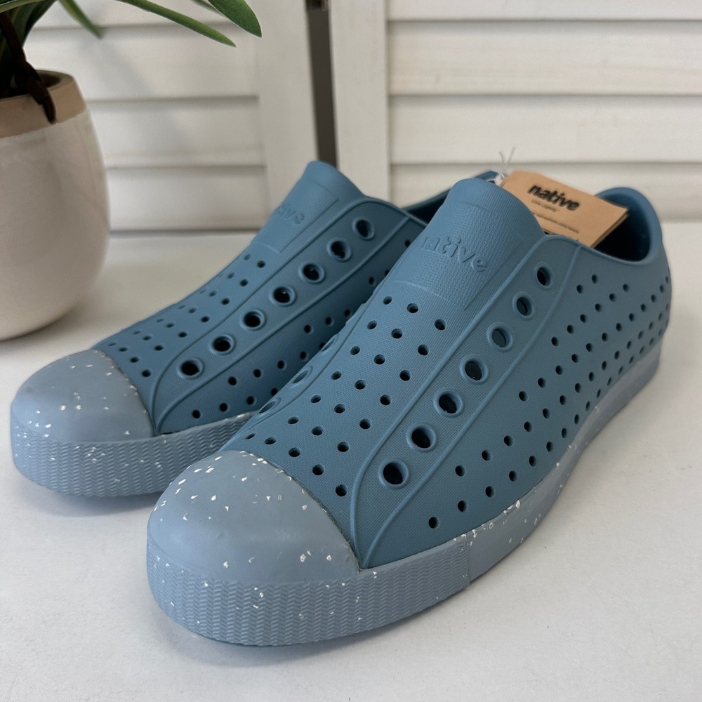 New Native Jefferson Bloom Slip On Sneaker Shoe Alaska Blue Shell Speckle Size 9